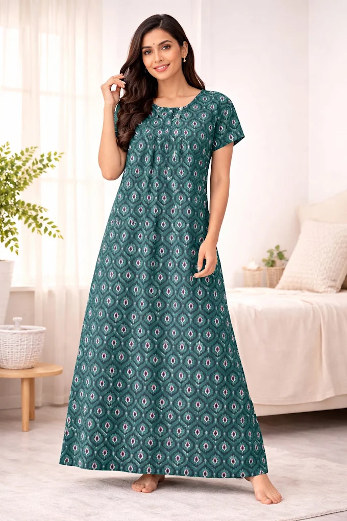 Model in a cotton comfort maxi nightwear